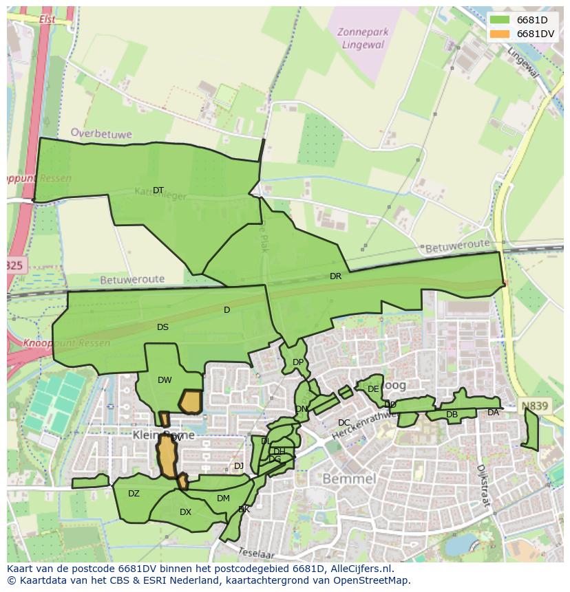 Afbeelding van het postcodegebied 6681 DV op de kaart.