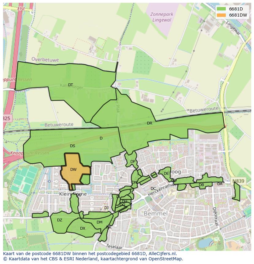 Afbeelding van het postcodegebied 6681 DW op de kaart.