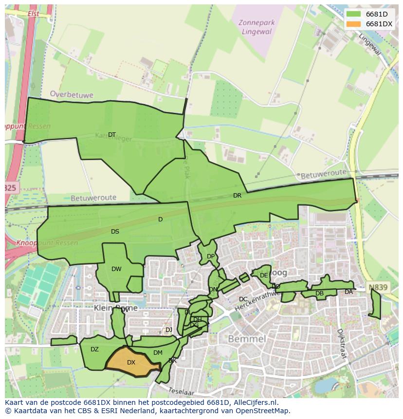 Afbeelding van het postcodegebied 6681 DX op de kaart.