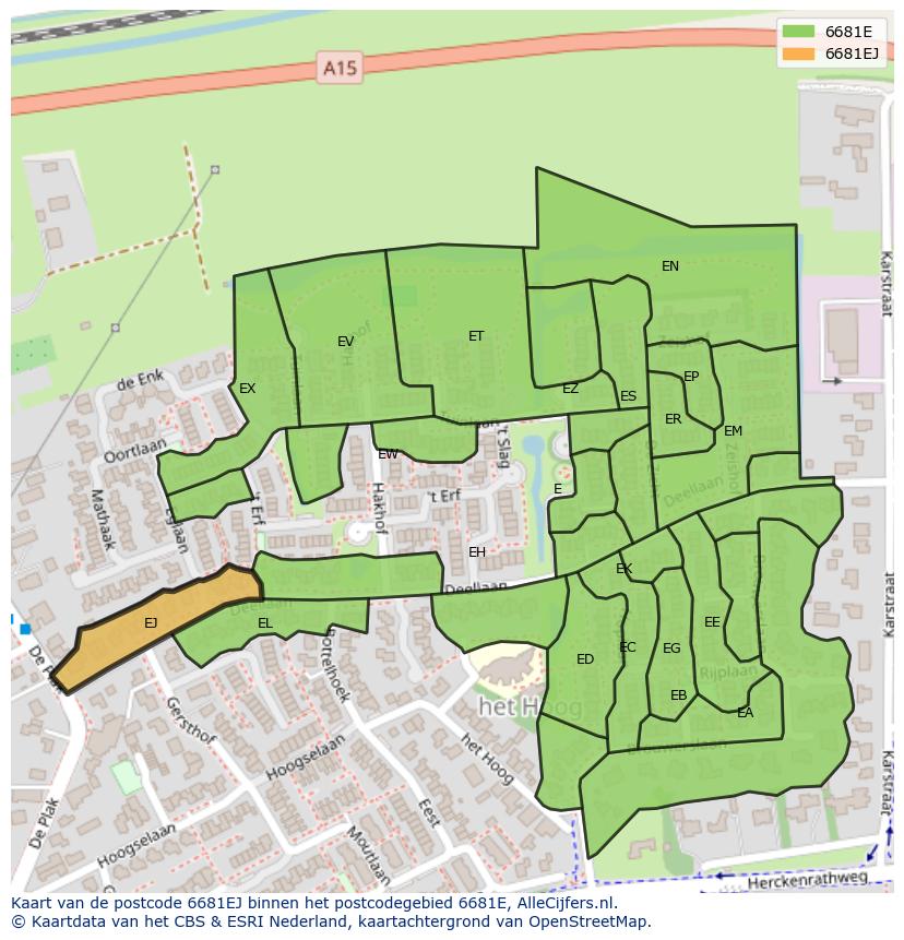 Afbeelding van het postcodegebied 6681 EJ op de kaart.