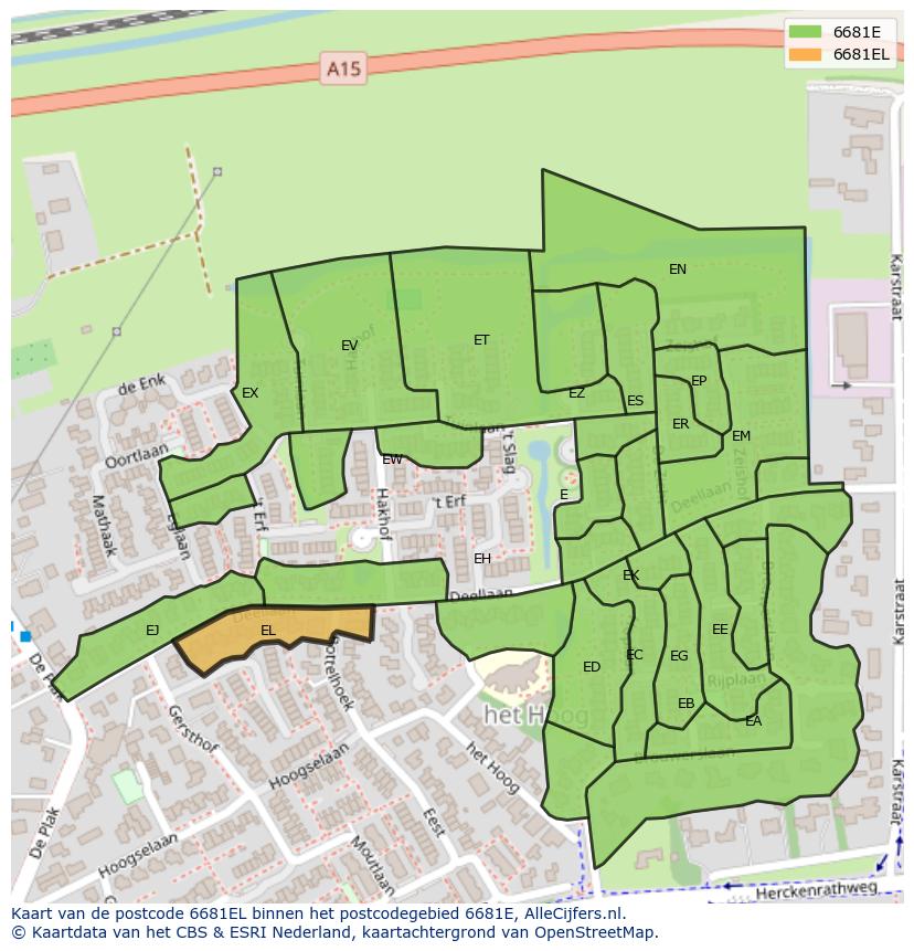 Afbeelding van het postcodegebied 6681 EL op de kaart.