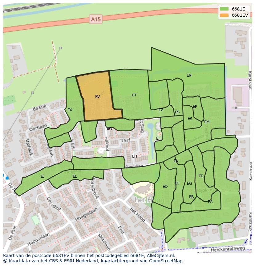 Afbeelding van het postcodegebied 6681 EV op de kaart.