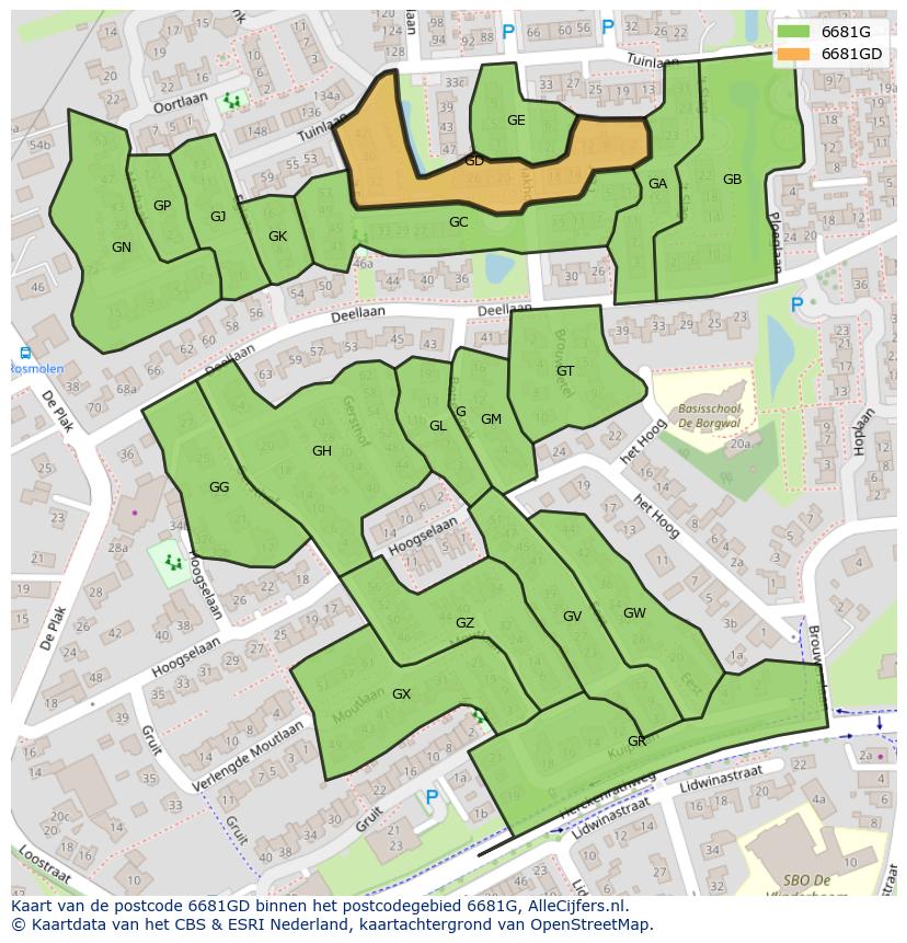 Afbeelding van het postcodegebied 6681 GD op de kaart.