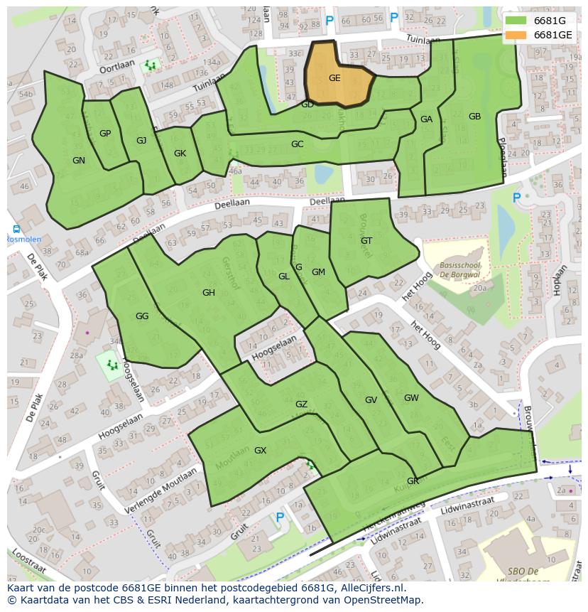 Afbeelding van het postcodegebied 6681 GE op de kaart.