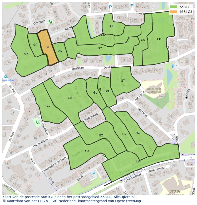 Afbeelding van het postcodegebied 6681 GJ op de kaart.