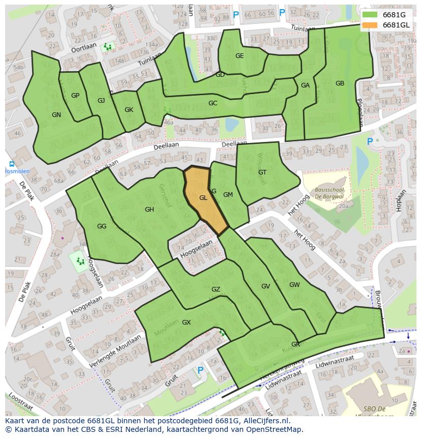 Afbeelding van het postcodegebied 6681 GL op de kaart.
