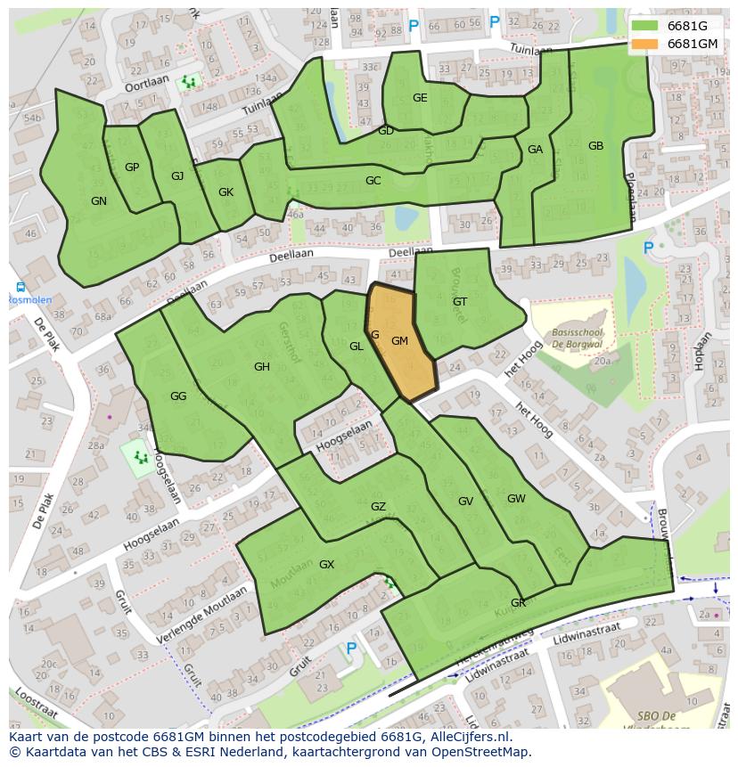 Afbeelding van het postcodegebied 6681 GM op de kaart.