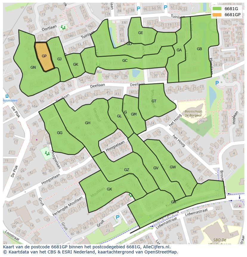 Afbeelding van het postcodegebied 6681 GP op de kaart.