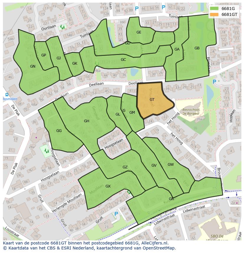 Afbeelding van het postcodegebied 6681 GT op de kaart.
