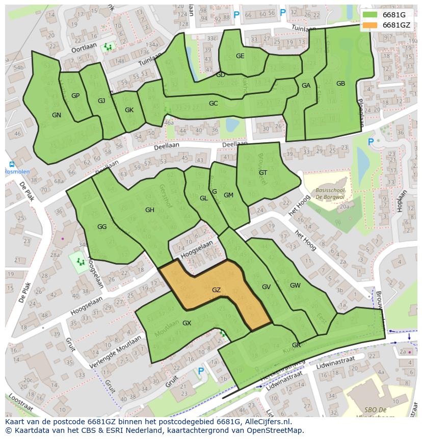Afbeelding van het postcodegebied 6681 GZ op de kaart.