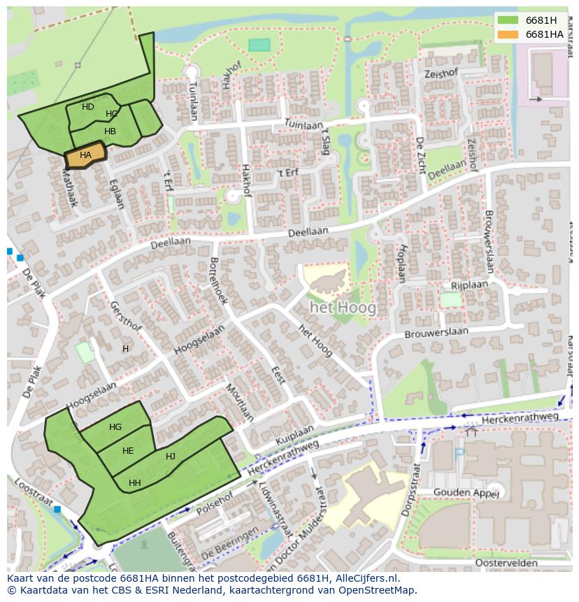 Afbeelding van het postcodegebied 6681 HA op de kaart.