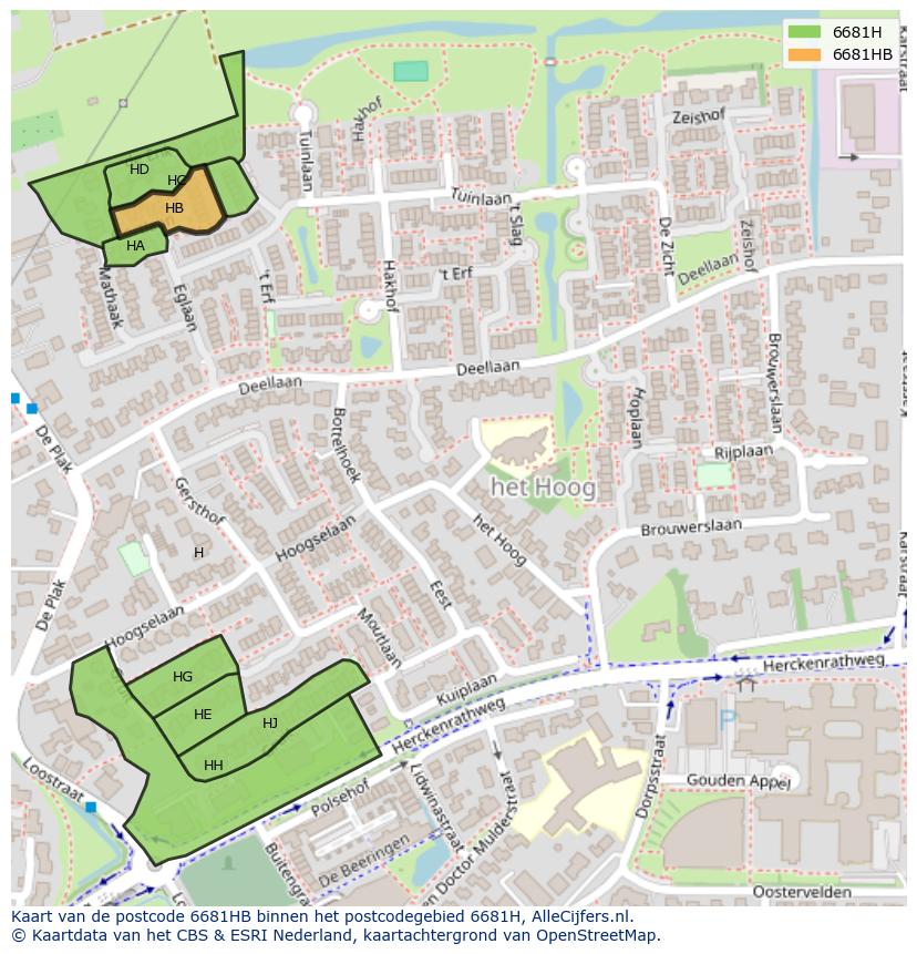 Afbeelding van het postcodegebied 6681 HB op de kaart.