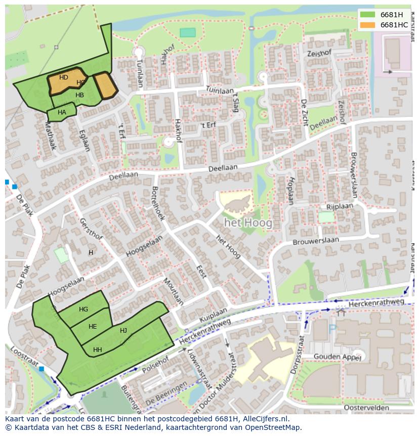 Afbeelding van het postcodegebied 6681 HC op de kaart.