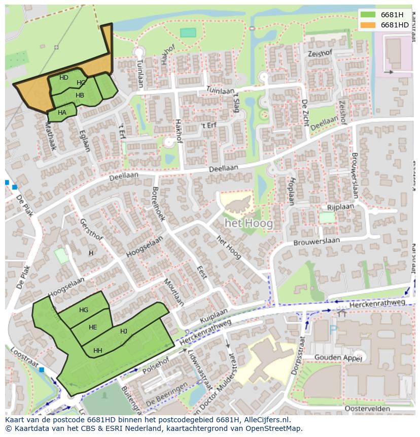 Afbeelding van het postcodegebied 6681 HD op de kaart.