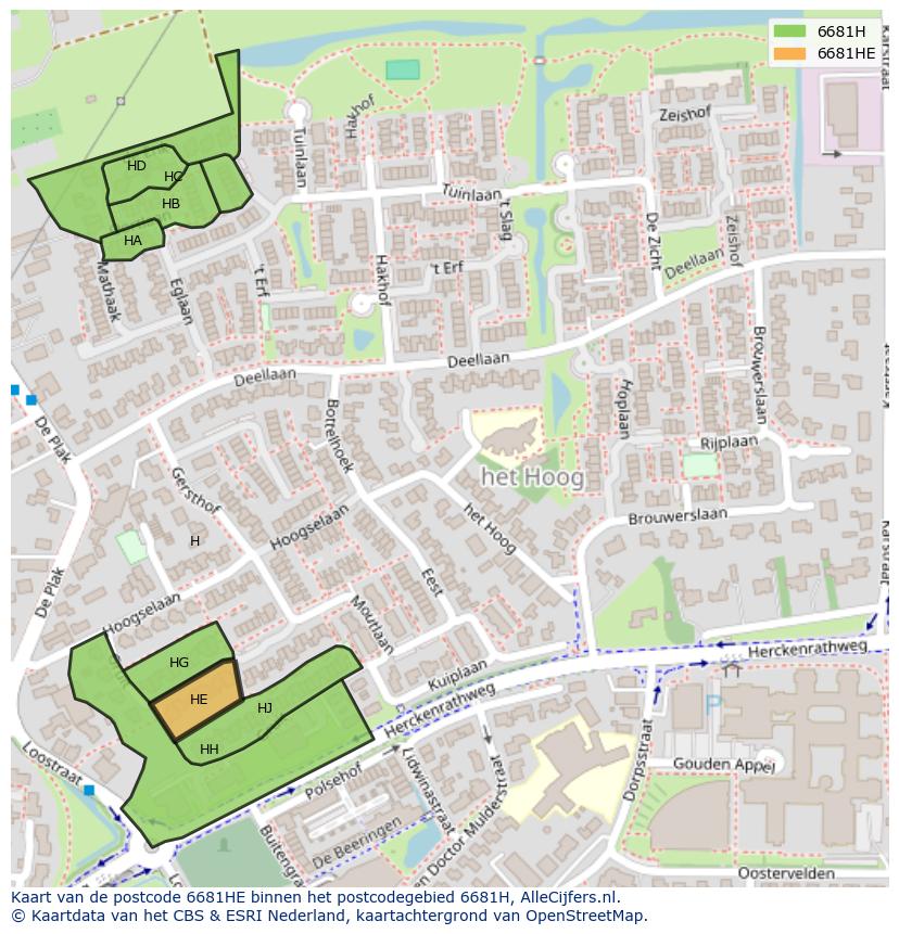 Afbeelding van het postcodegebied 6681 HE op de kaart.