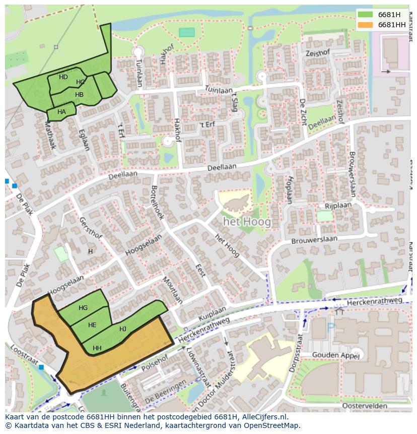 Afbeelding van het postcodegebied 6681 HH op de kaart.