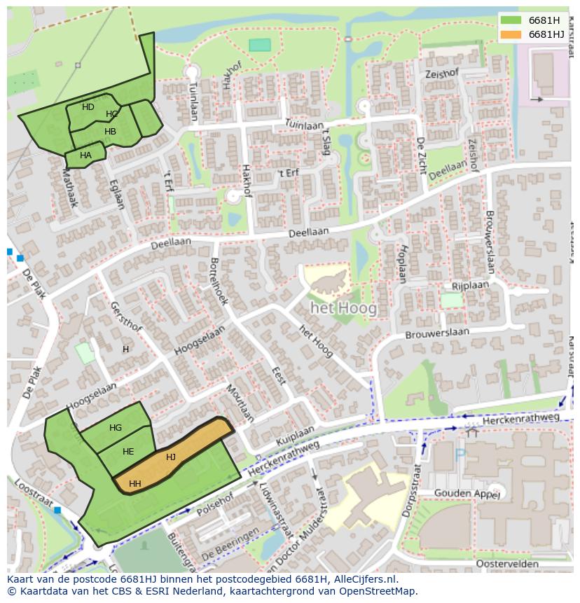 Afbeelding van het postcodegebied 6681 HJ op de kaart.