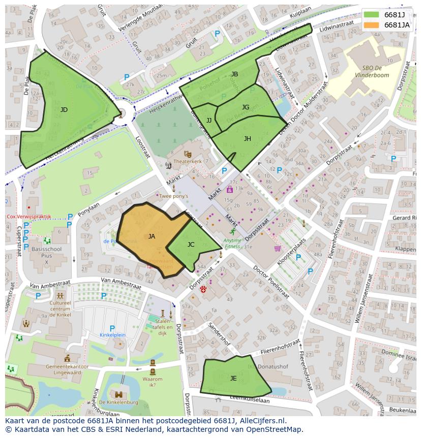 Afbeelding van het postcodegebied 6681 JA op de kaart.