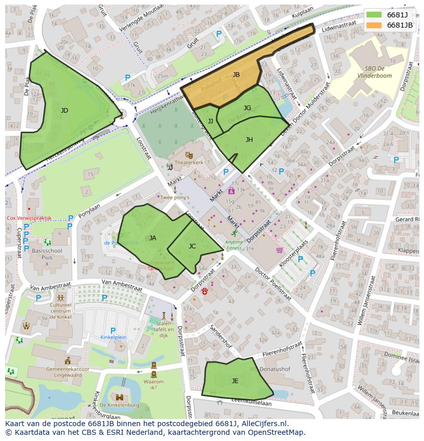Afbeelding van het postcodegebied 6681 JB op de kaart.