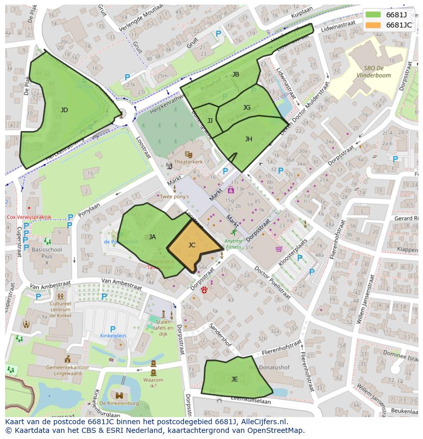 Afbeelding van het postcodegebied 6681 JC op de kaart.