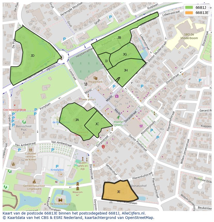 Afbeelding van het postcodegebied 6681 JE op de kaart.
