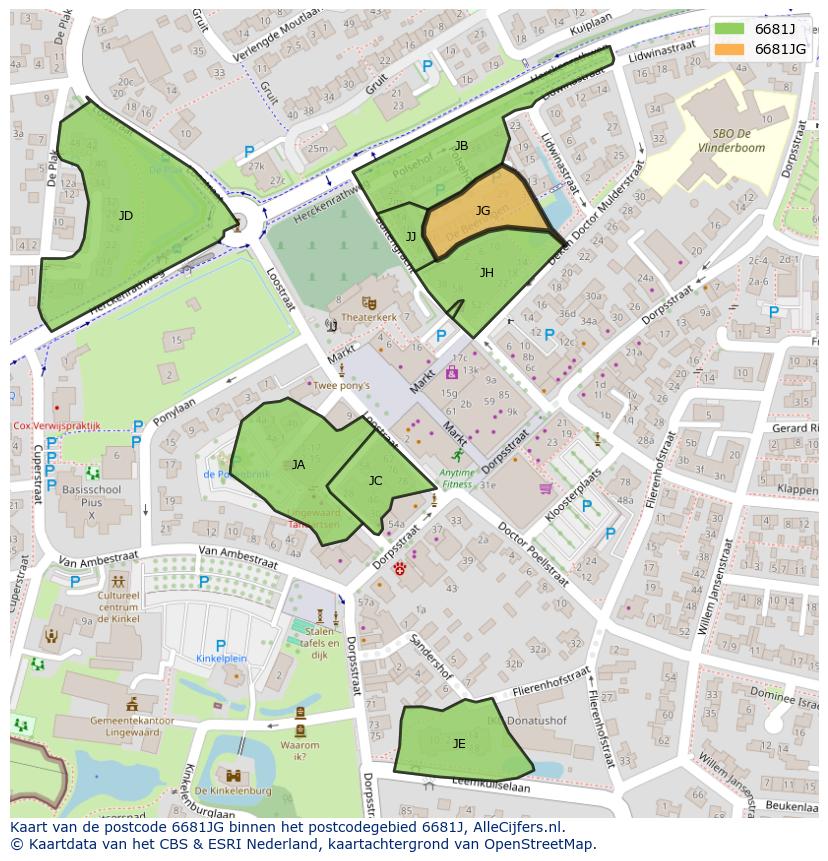 Afbeelding van het postcodegebied 6681 JG op de kaart.
