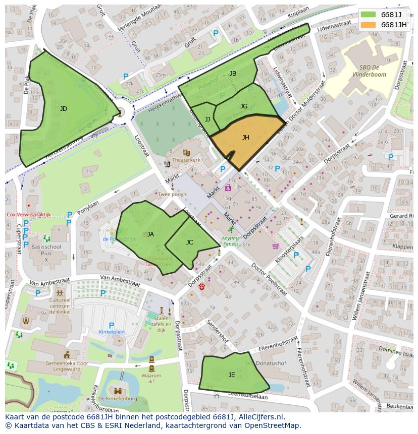 Afbeelding van het postcodegebied 6681 JH op de kaart.