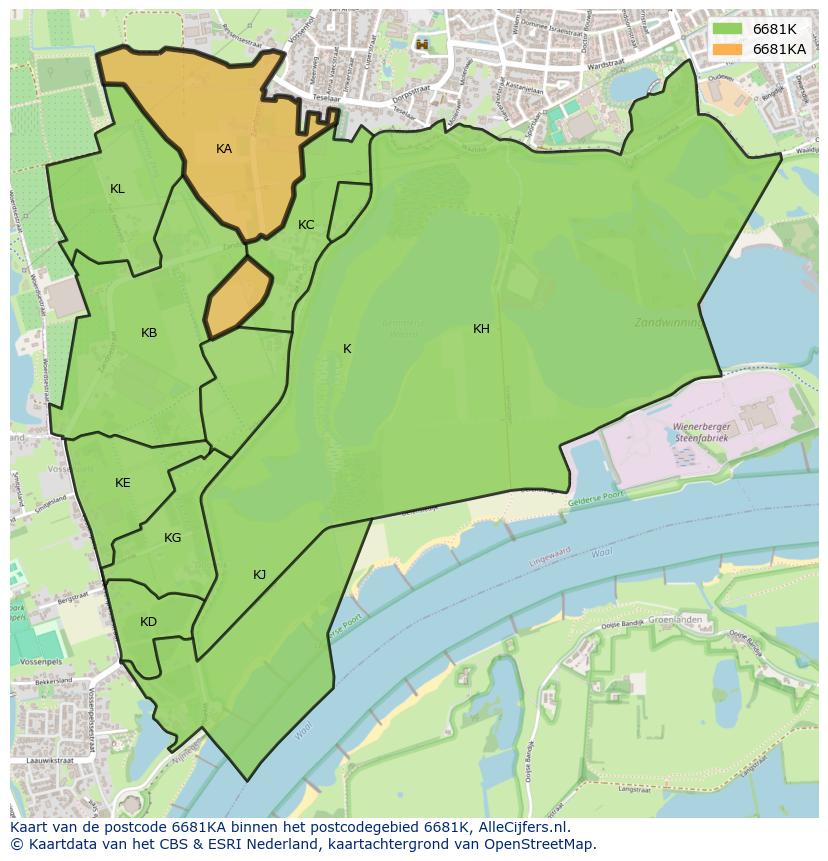 Afbeelding van het postcodegebied 6681 KA op de kaart.