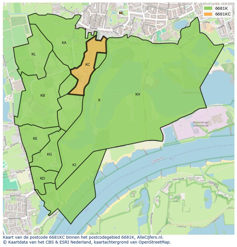 Afbeelding van het postcodegebied 6681 KC op de kaart.