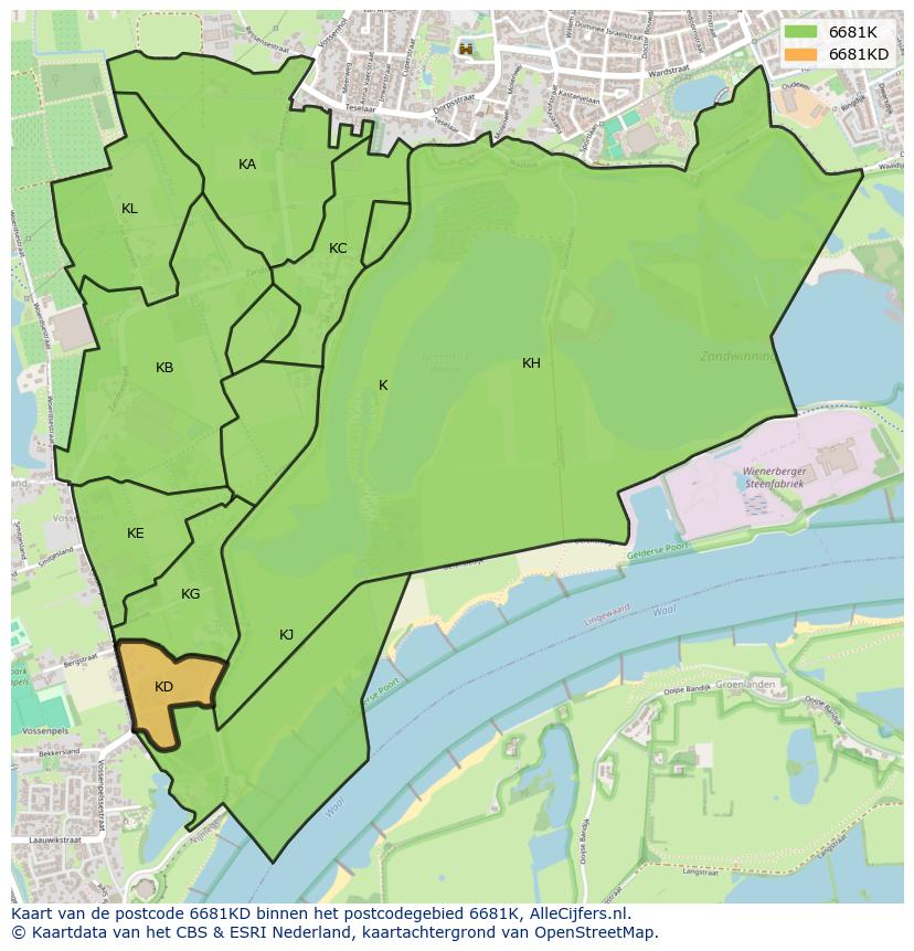 Afbeelding van het postcodegebied 6681 KD op de kaart.