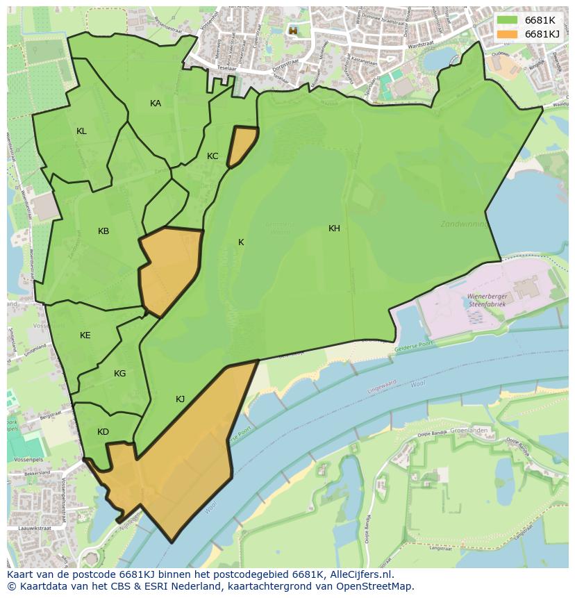 Afbeelding van het postcodegebied 6681 KJ op de kaart.