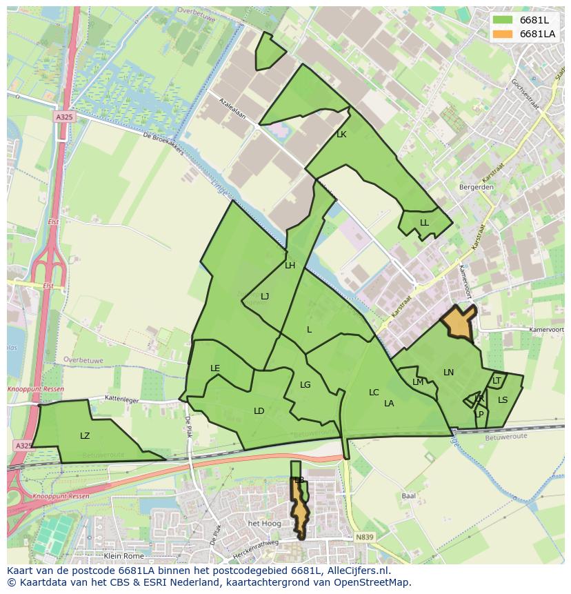 Afbeelding van het postcodegebied 6681 LA op de kaart.