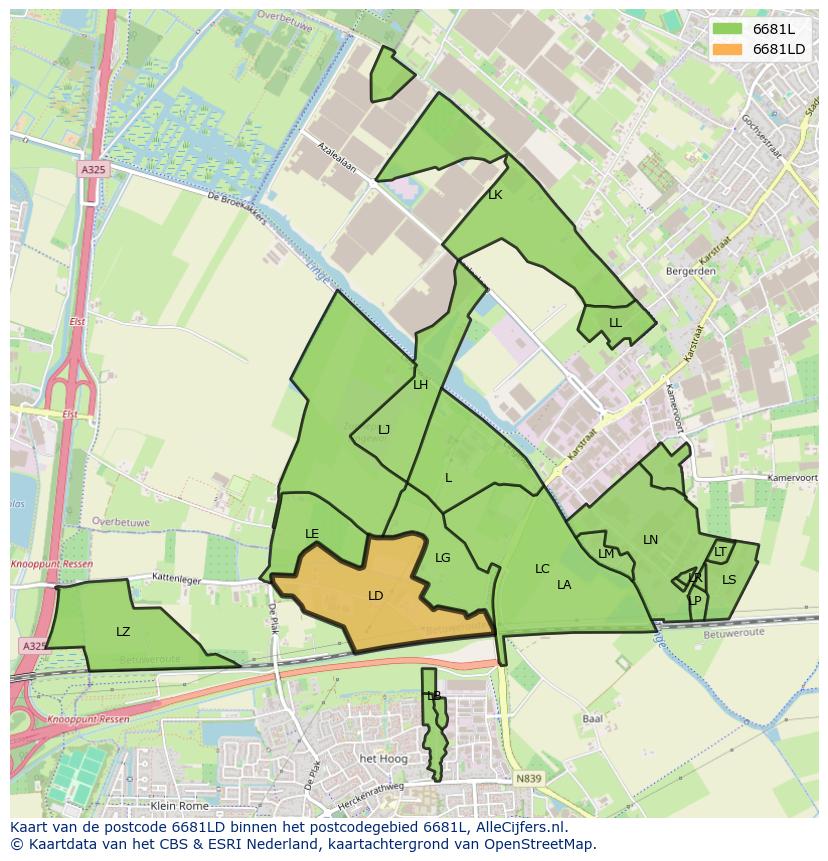 Afbeelding van het postcodegebied 6681 LD op de kaart.