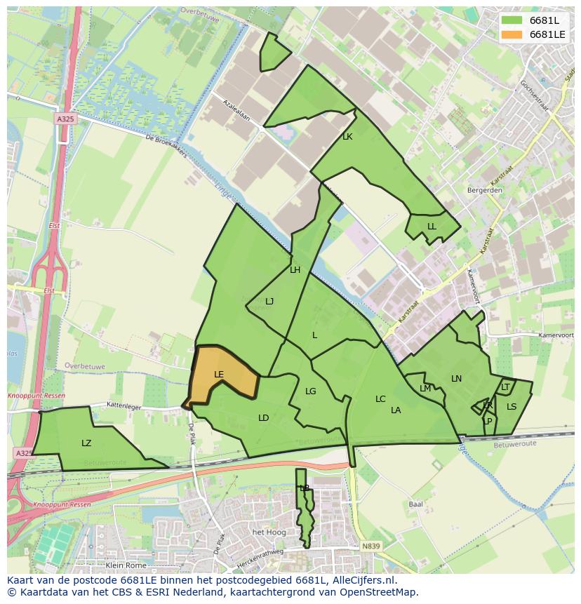 Afbeelding van het postcodegebied 6681 LE op de kaart.