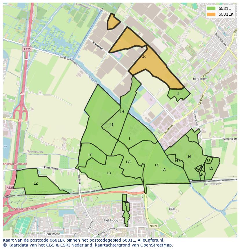 Afbeelding van het postcodegebied 6681 LK op de kaart.