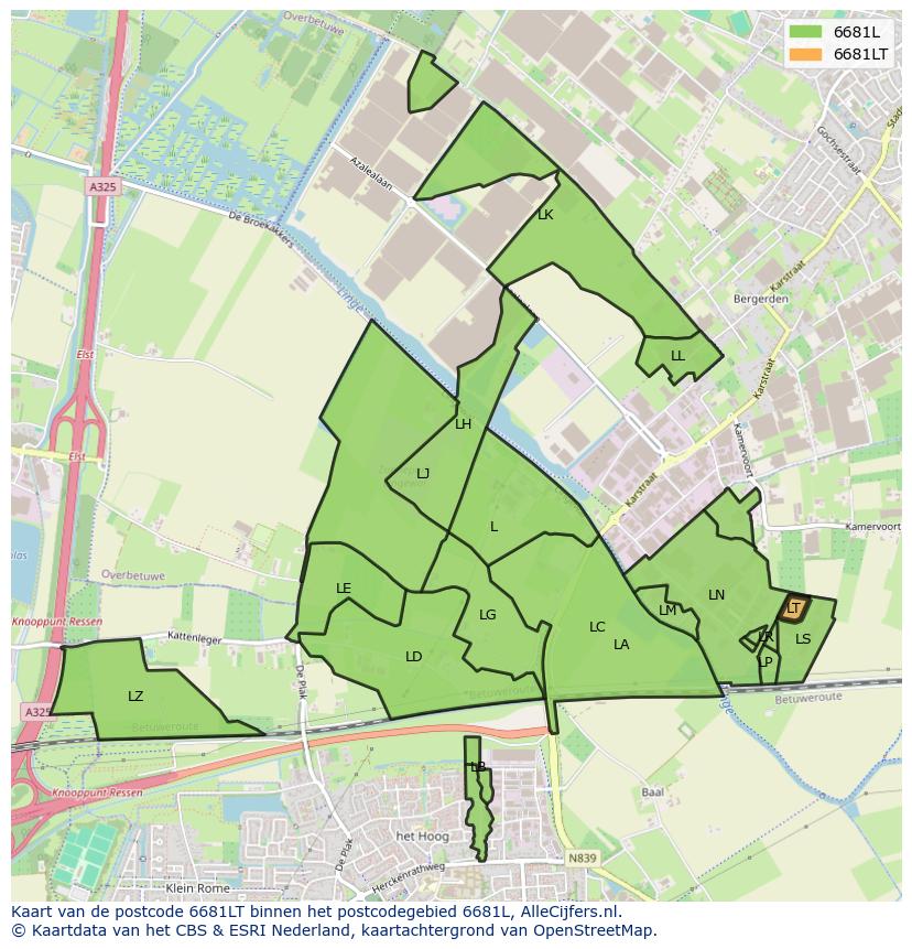 Afbeelding van het postcodegebied 6681 LT op de kaart.