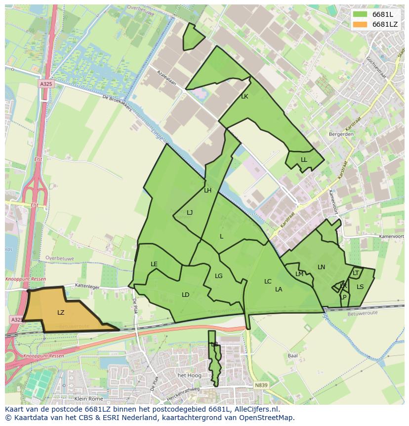 Afbeelding van het postcodegebied 6681 LZ op de kaart.