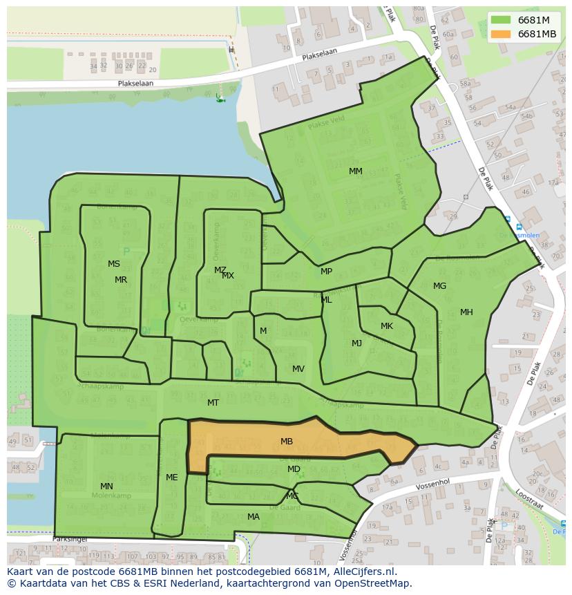 Afbeelding van het postcodegebied 6681 MB op de kaart.