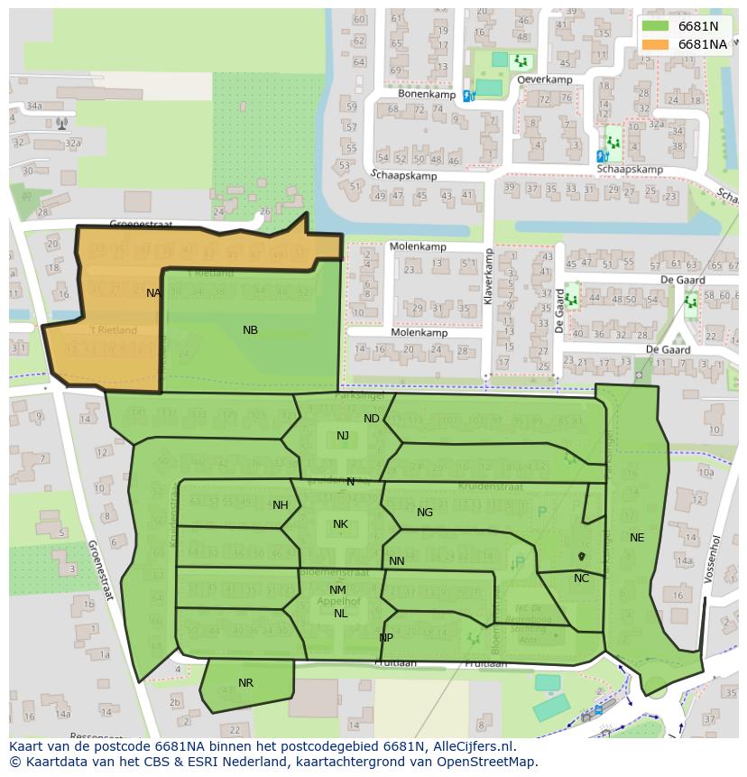 Afbeelding van het postcodegebied 6681 NA op de kaart.