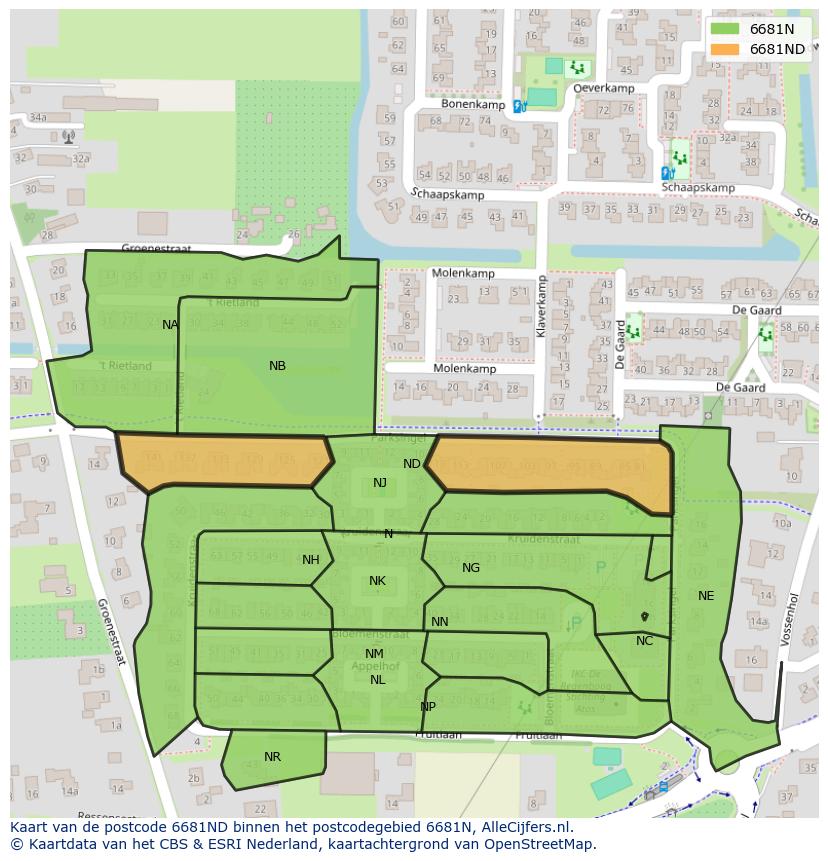Afbeelding van het postcodegebied 6681 ND op de kaart.