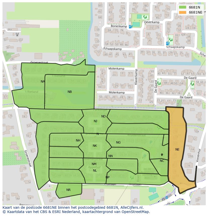 Afbeelding van het postcodegebied 6681 NE op de kaart.