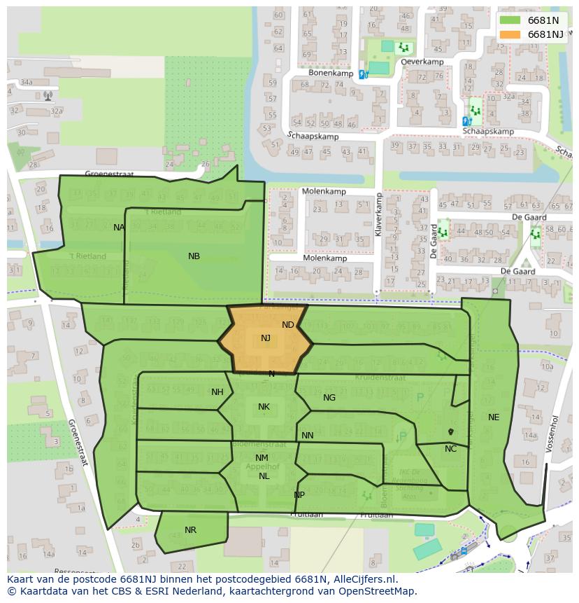 Afbeelding van het postcodegebied 6681 NJ op de kaart.