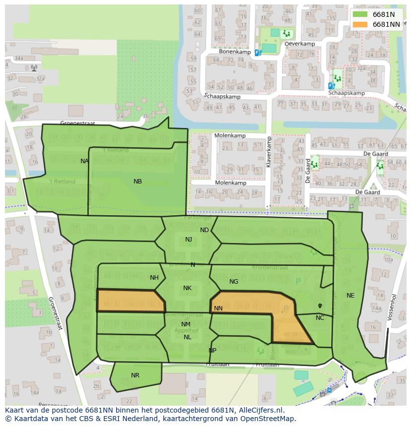 Afbeelding van het postcodegebied 6681 NN op de kaart.