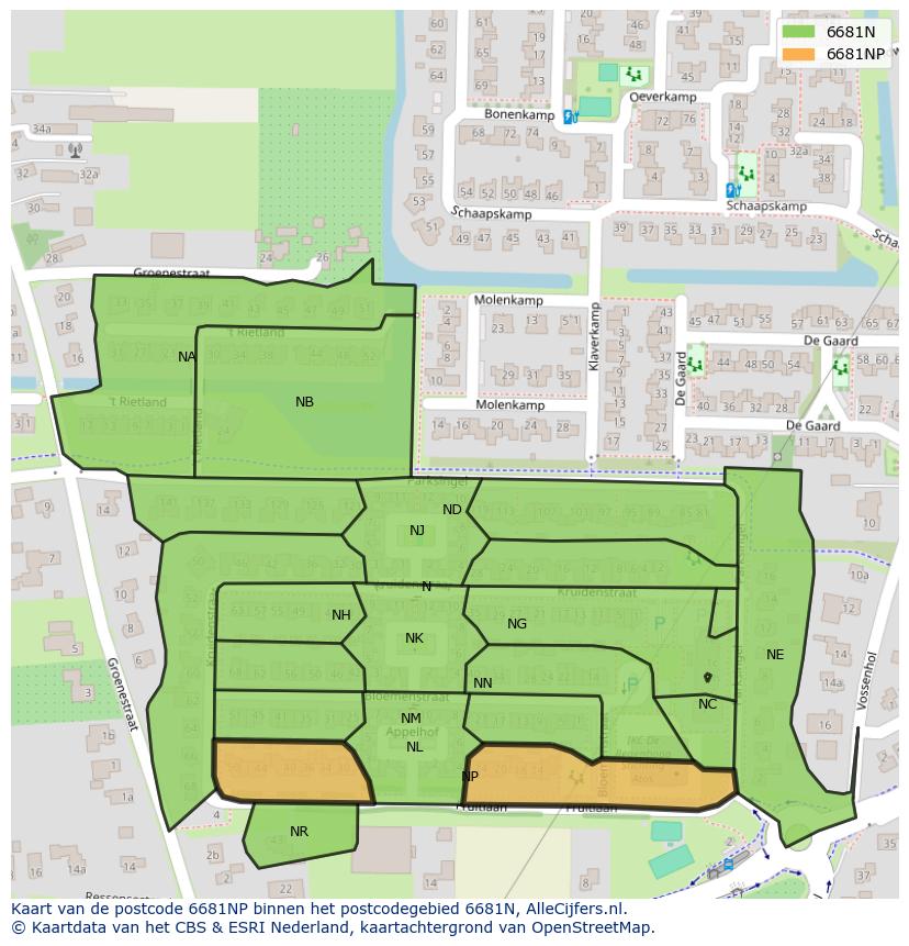 Afbeelding van het postcodegebied 6681 NP op de kaart.