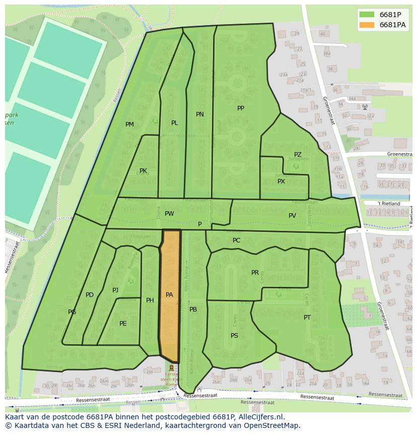 Afbeelding van het postcodegebied 6681 PA op de kaart.