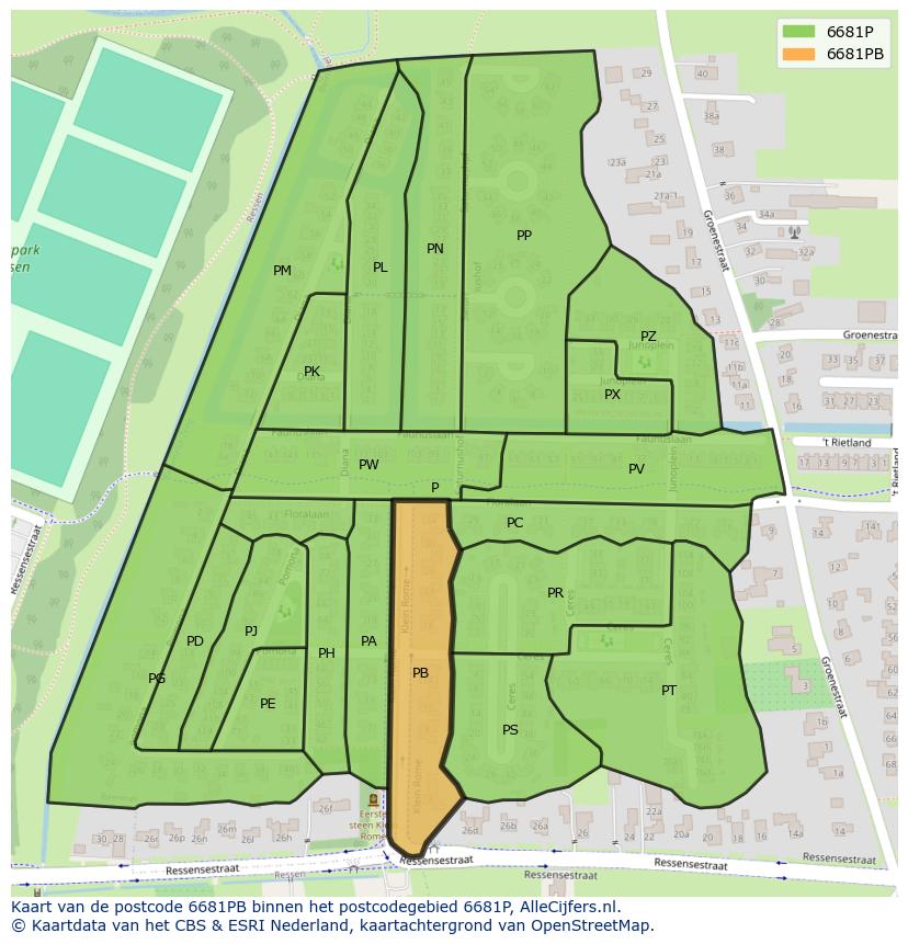 Afbeelding van het postcodegebied 6681 PB op de kaart.