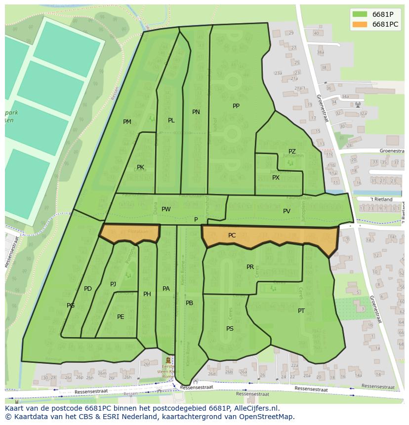 Afbeelding van het postcodegebied 6681 PC op de kaart.