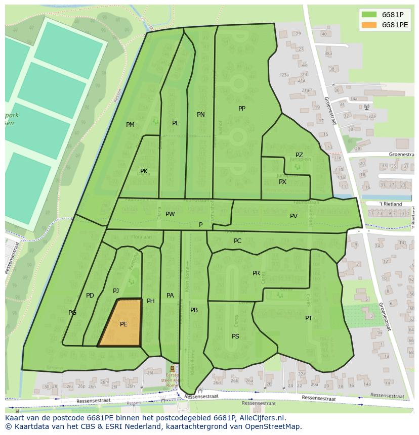 Afbeelding van het postcodegebied 6681 PE op de kaart.