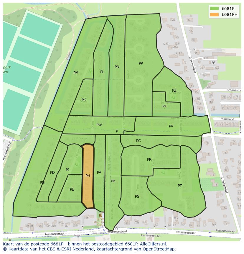 Afbeelding van het postcodegebied 6681 PH op de kaart.