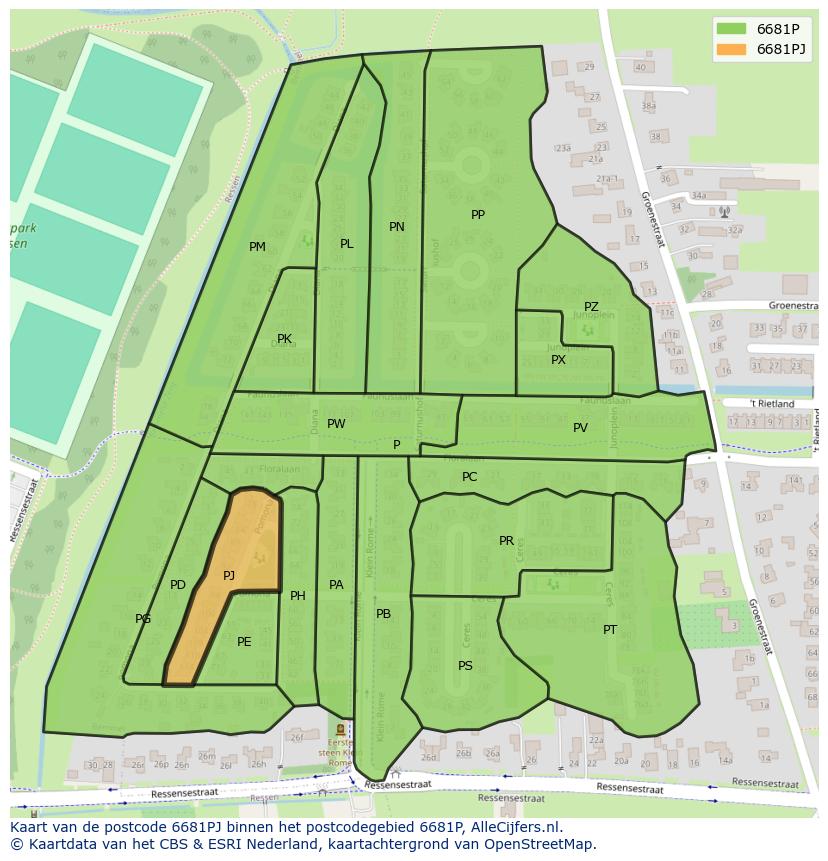 Afbeelding van het postcodegebied 6681 PJ op de kaart.